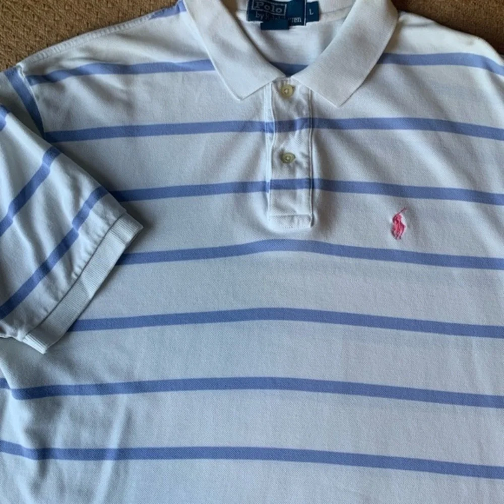 Men's Polo Ralph Lauren Large White Blue Striped  100% Cotton Short Sleeve Golf‎